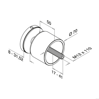 Glasadapter, Ø70 mm, M12, flach, Easy Glass, MOD 0748, V2A